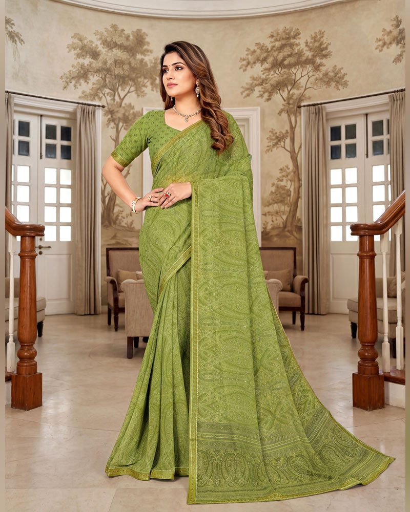 Vishal Prints Khaki Green Printed Georgette Saree With Fancy Border