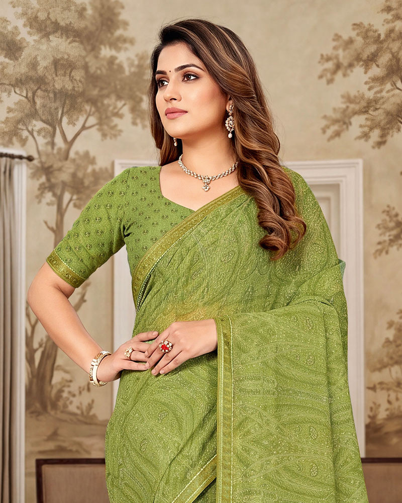 Vishal Prints Khaki Green Printed Georgette Saree With Fancy Border