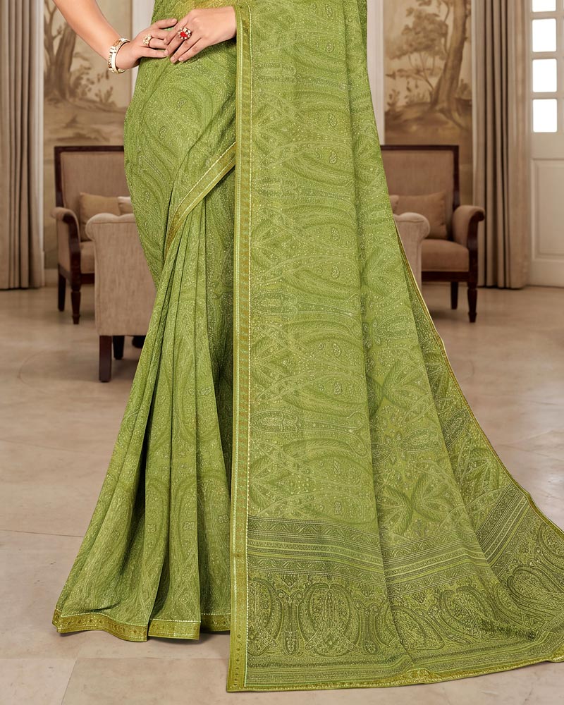 Vishal Prints Khaki Green Printed Georgette Saree With Fancy Border
