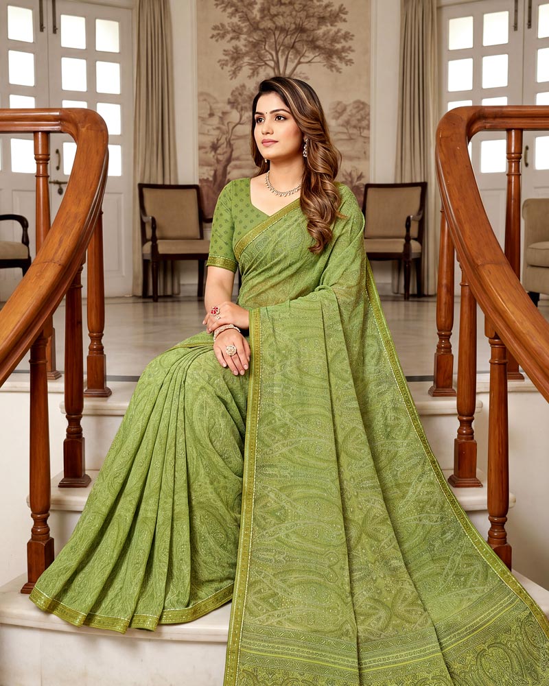 Vishal Prints Khaki Green Printed Georgette Saree With Fancy Border
