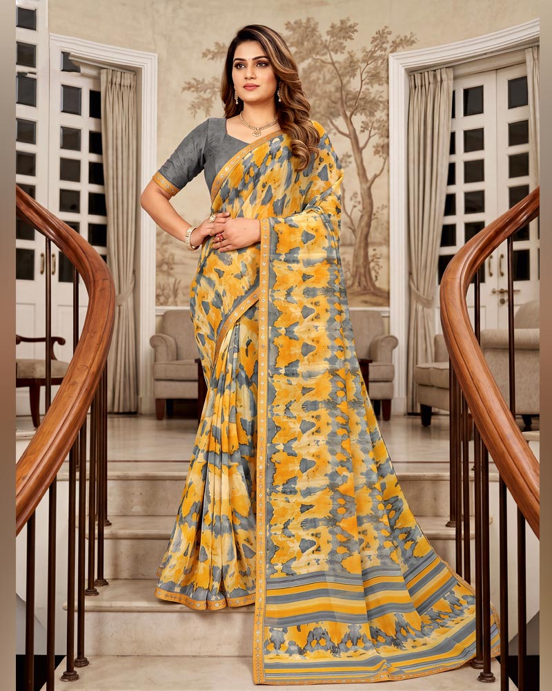 Vishal Prints Dark Orange And Grey Printed Georgette Saree With Fancy Border