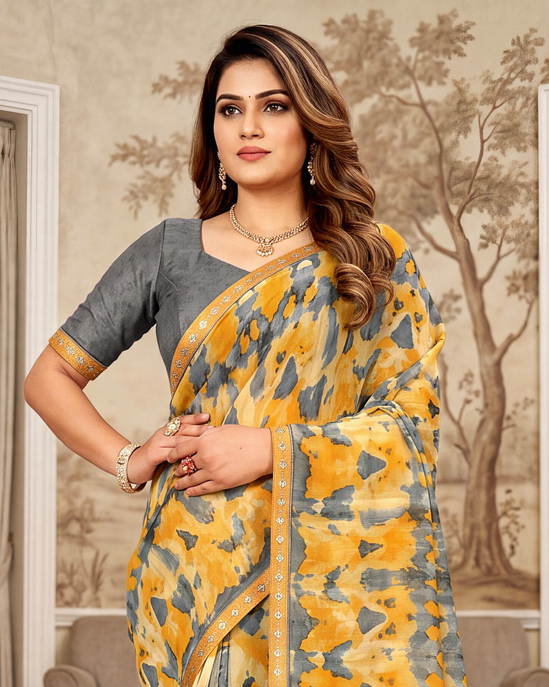 Vishal Prints Dark Orange And Grey Printed Georgette Saree With Fancy Border