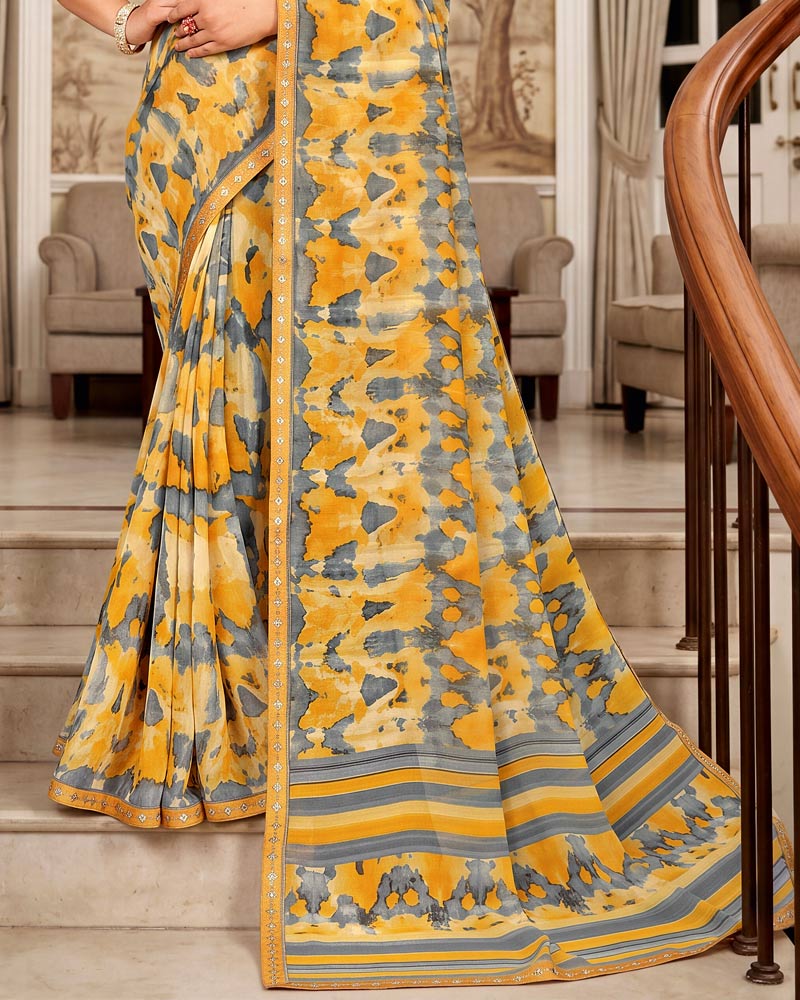 Vishal Prints Dark Orange And Grey Printed Georgette Saree With Fancy Border