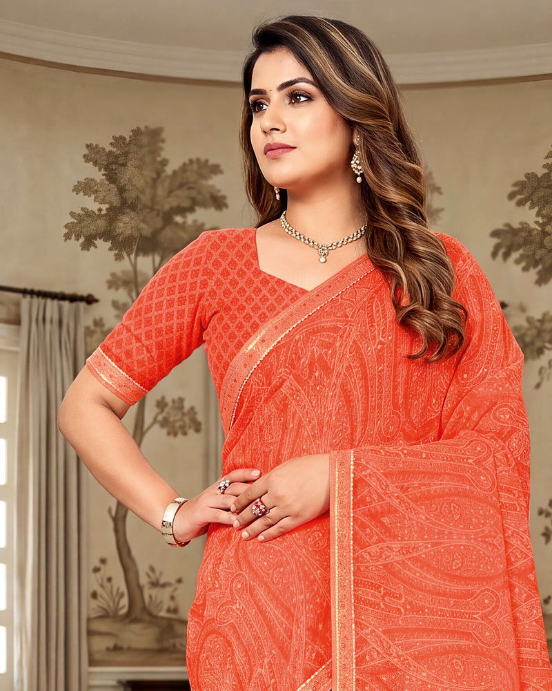 Vishal Prints Salmon Orange Printed Georgette Saree With Fancy Border