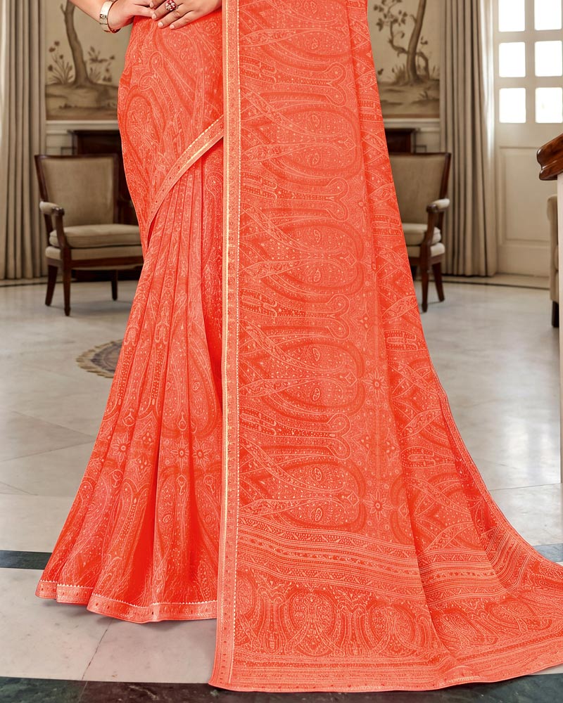 Vishal Prints Salmon Orange Printed Georgette Saree With Fancy Border