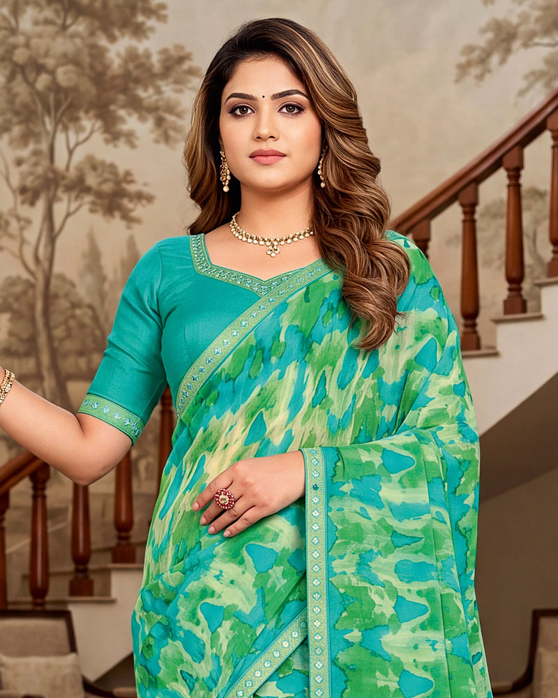 Vishal Prints Multi Green Printed Georgette Saree With Fancy Border