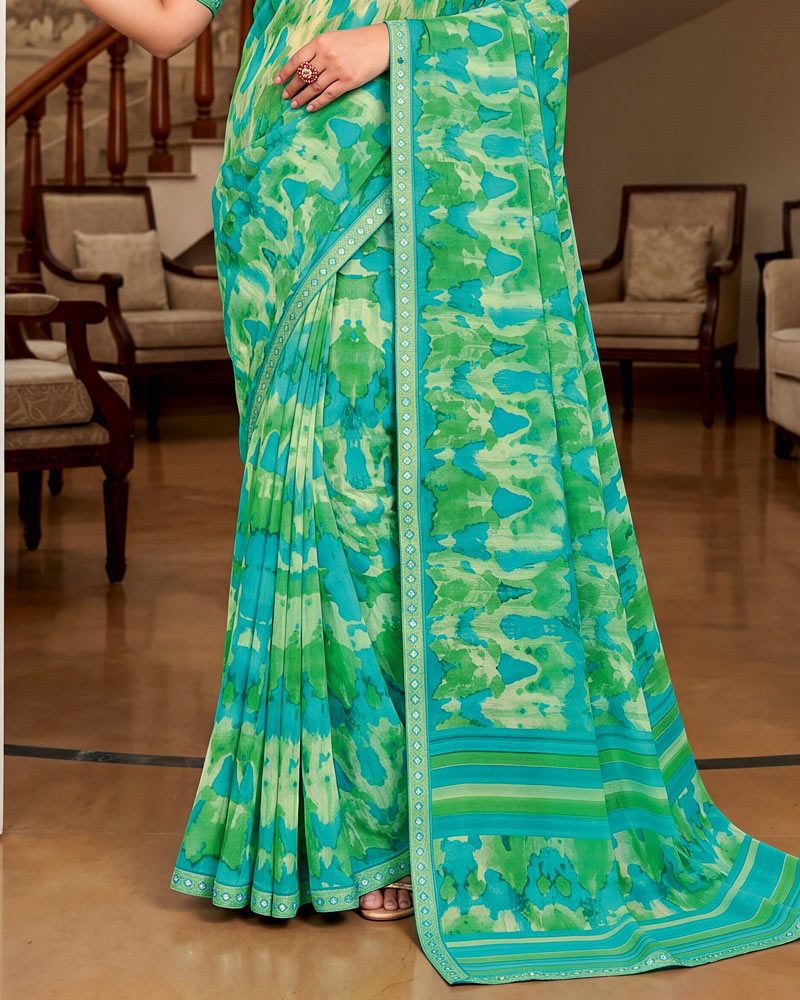 Vishal Prints Multi Green Printed Georgette Saree With Fancy Border