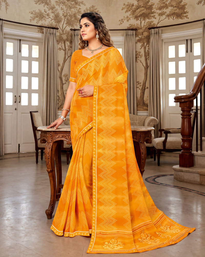Vishal Prints Yellowish Orange Printed Georgette Saree With Fancy Border