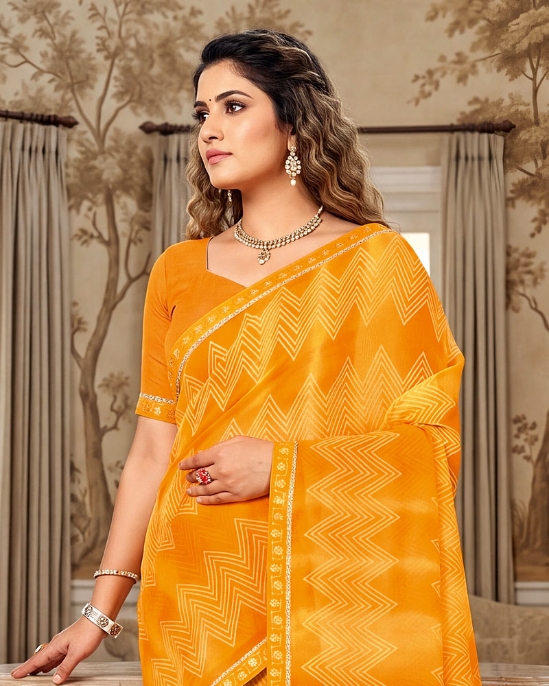 Vishal Prints Yellowish Orange Printed Georgette Saree With Fancy Border