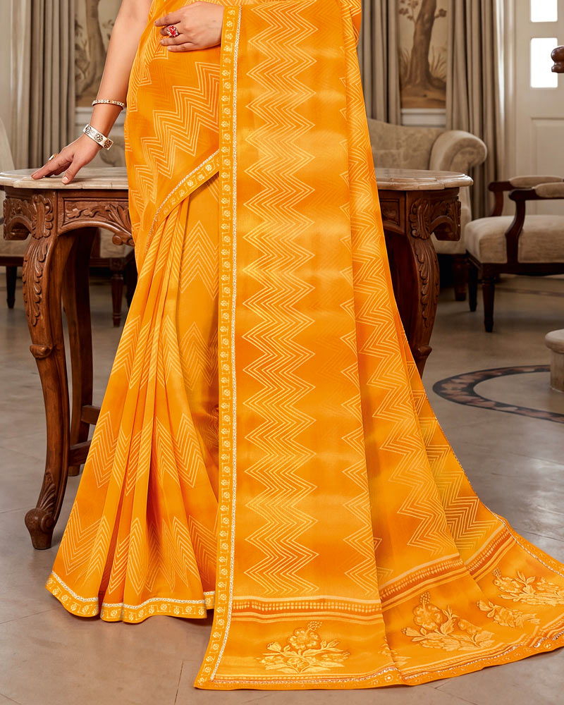 Vishal Prints Yellowish Orange Printed Georgette Saree With Fancy Border