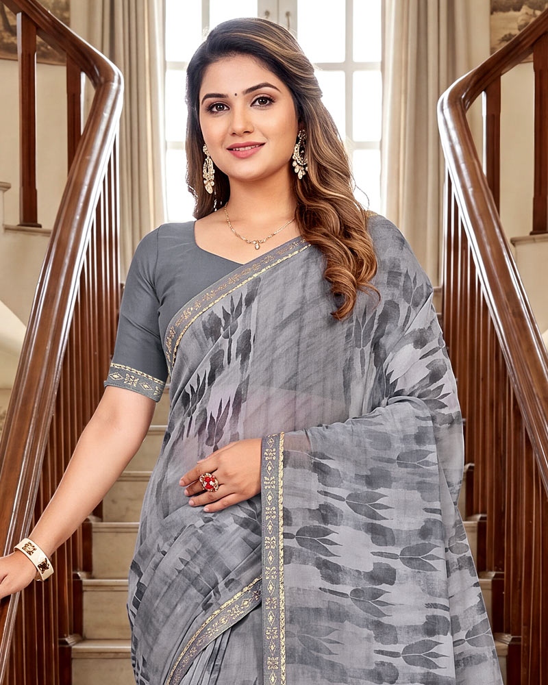 Vishal Prints Oslo Grey Printed Georgette Saree With Fancy Border