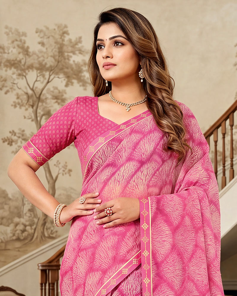 Vishal Prints French Rose Pink Printed Georgette Saree With Fancy Border