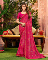Vishal Prints Kamal Pink Printed Georgette Saree With Weaved Satin Patta And Fancy Border