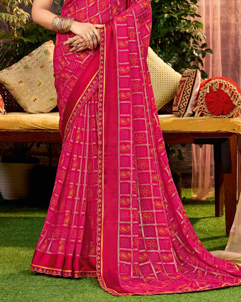 Vishal Prints Kamal Pink Printed Georgette Saree With Weaved Satin Patta And Fancy Border