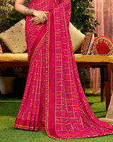 Vishal Prints Kamal Pink Printed Georgette Saree With Weaved Satin Patta And Fancy Border