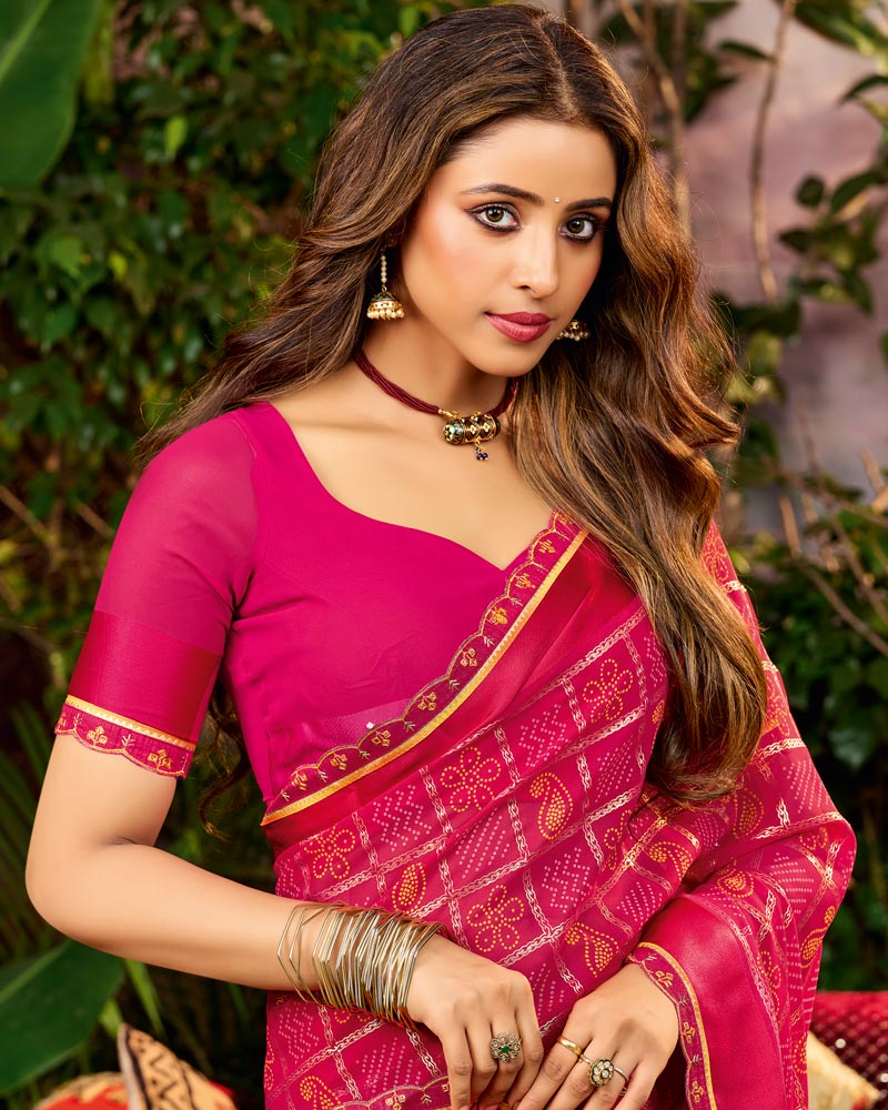 Vishal Prints Kamal Pink Printed Georgette Saree With Weaved Satin Patta And Fancy Border