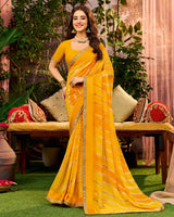 Vishal Prints Haldi Yellow Printed Georgette Saree With Weaved Satin Patta And Fancy Border