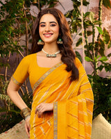 Vishal Prints Haldi Yellow Printed Georgette Saree With Weaved Satin Patta And Fancy Border