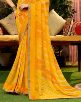 Vishal Prints Haldi Yellow Printed Georgette Saree With Weaved Satin Patta And Fancy Border