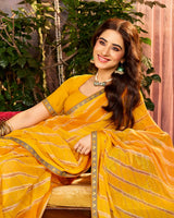 Vishal Prints Haldi Yellow Printed Georgette Saree With Weaved Satin Patta And Fancy Border