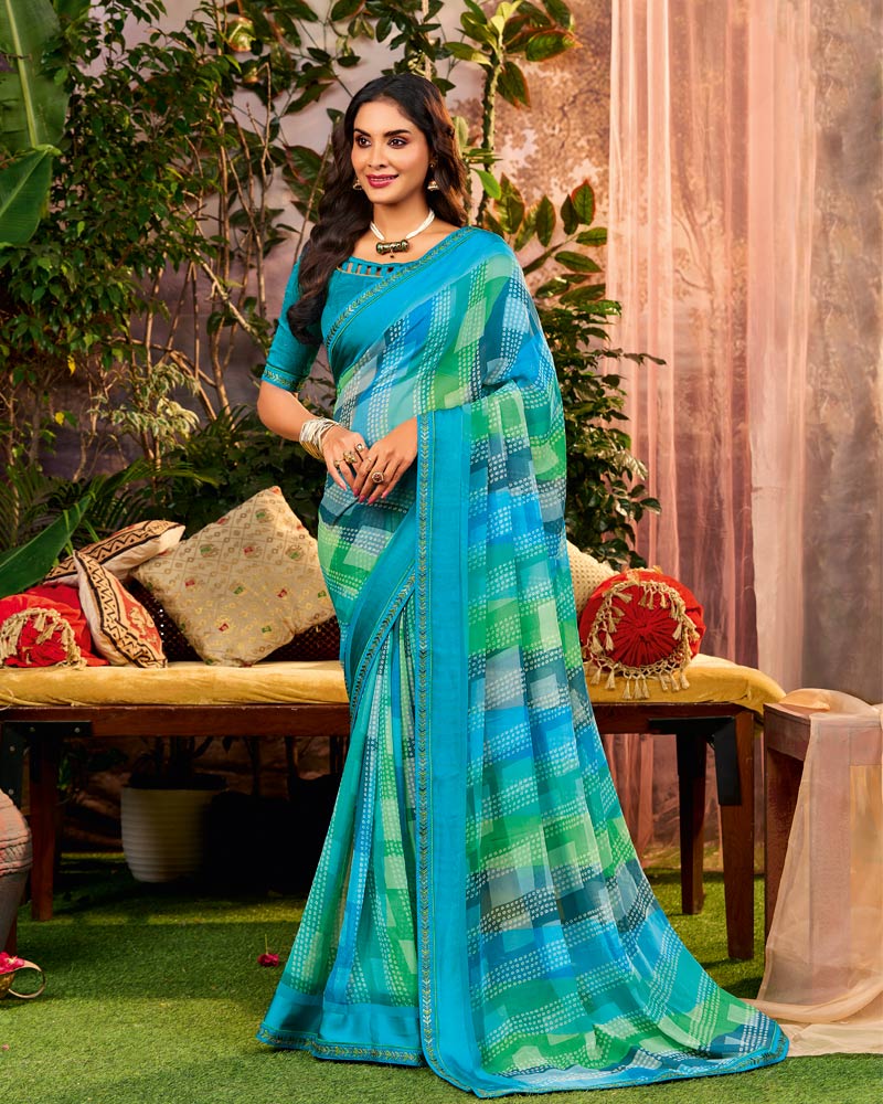 Vishal Prints Neelkanth Blue Printed Georgette Saree With Weaved Satin Patta And Fancy Border