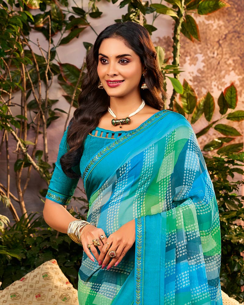 Vishal Prints Neelkanth Blue Printed Georgette Saree With Weaved Satin Patta And Fancy Border