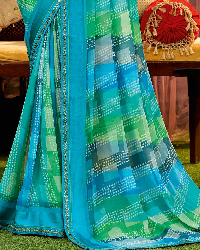 Vishal Prints Neelkanth Blue Printed Georgette Saree With Weaved Satin Patta And Fancy Border