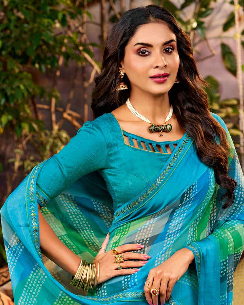 Vishal Prints Neelkanth Blue Printed Georgette Saree With Weaved Satin Patta And Fancy Border