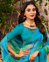 Vishal Prints Neelkanth Blue Printed Georgette Saree With Weaved Satin Patta And Fancy Border