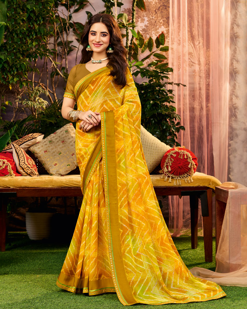 Vishal Prints Pheeni Yellow Printed Georgette Saree With Weaved Satin Patta And Fancy Border