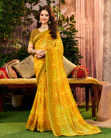 Vishal Prints Pheeni Yellow Printed Georgette Saree With Weaved Satin Patta And Fancy Border