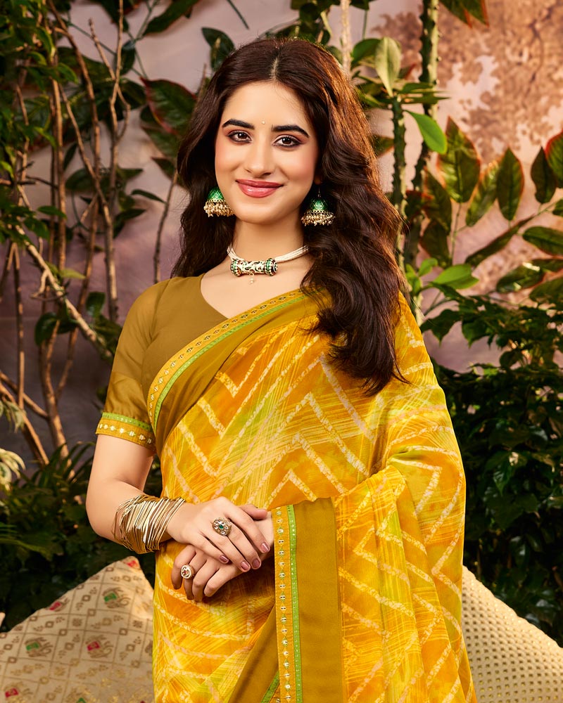 Vishal Prints Pheeni Yellow Printed Georgette Saree With Weaved Satin Patta And Fancy Border
