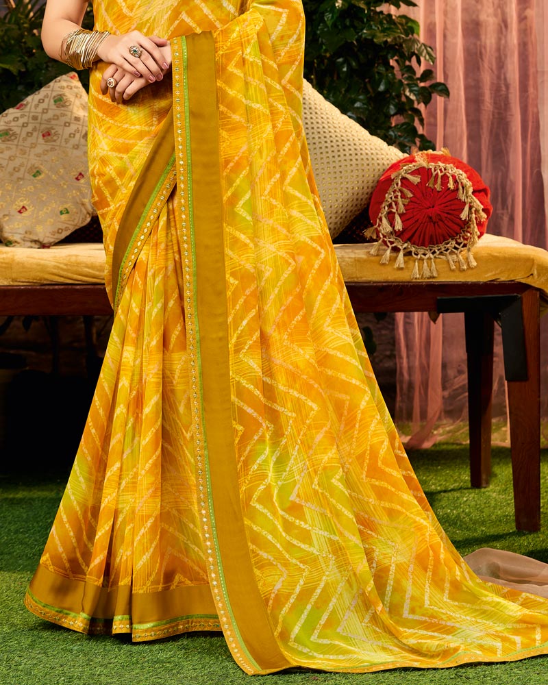 Vishal Prints Pheeni Yellow Printed Georgette Saree With Weaved Satin Patta And Fancy Border