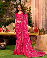 Vishal Prints Rani Pink Printed Georgette Saree With Weaved Satin Patta And Fancy Border