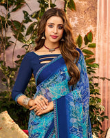 Vishal Prints Mor Blue Printed Georgette Saree With Weaved Satin Patta And Fancy Border