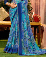 Vishal Prints Mor Blue Printed Georgette Saree With Weaved Satin Patta And Fancy Border