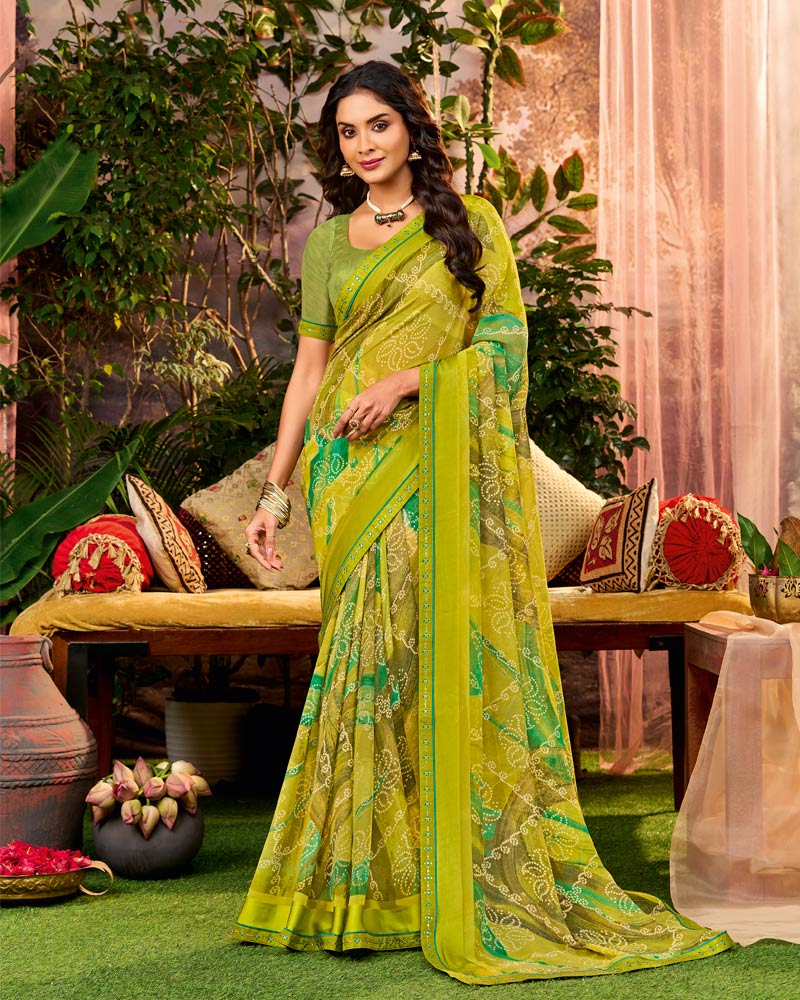 Vishal Prints Mehandi Green Printed Georgette Saree With Weaved Satin Patta And Fancy Border