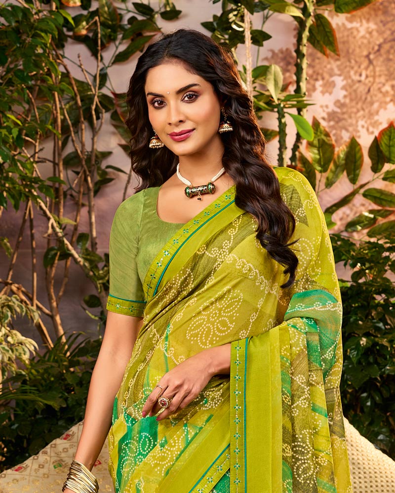 Vishal Prints Mehandi Green Printed Georgette Saree With Weaved Satin Patta And Fancy Border