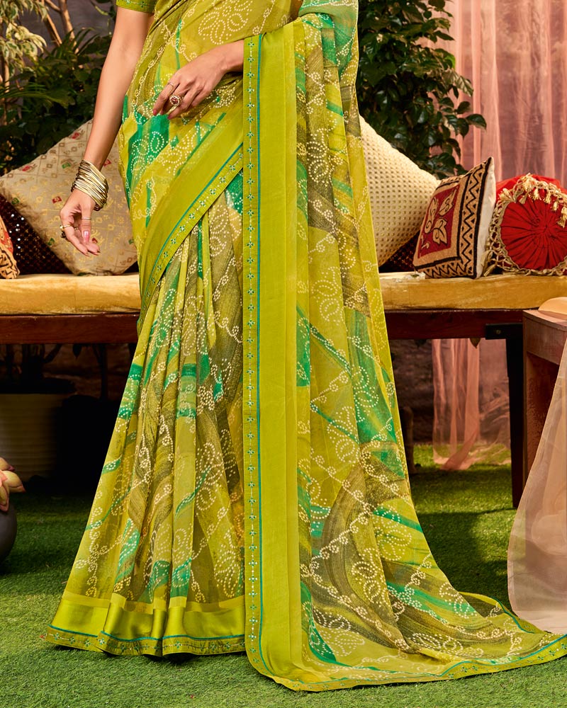 Vishal Prints Mehandi Green Printed Georgette Saree With Weaved Satin Patta And Fancy Border