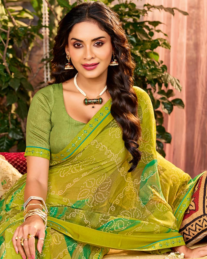 Vishal Prints Mehandi Green Printed Georgette Saree With Weaved Satin Patta And Fancy Border