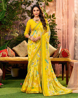 Vishal Prints Genda Phool Yellow Printed Georgette Saree With Weaved Satin Patta And Fancy Border