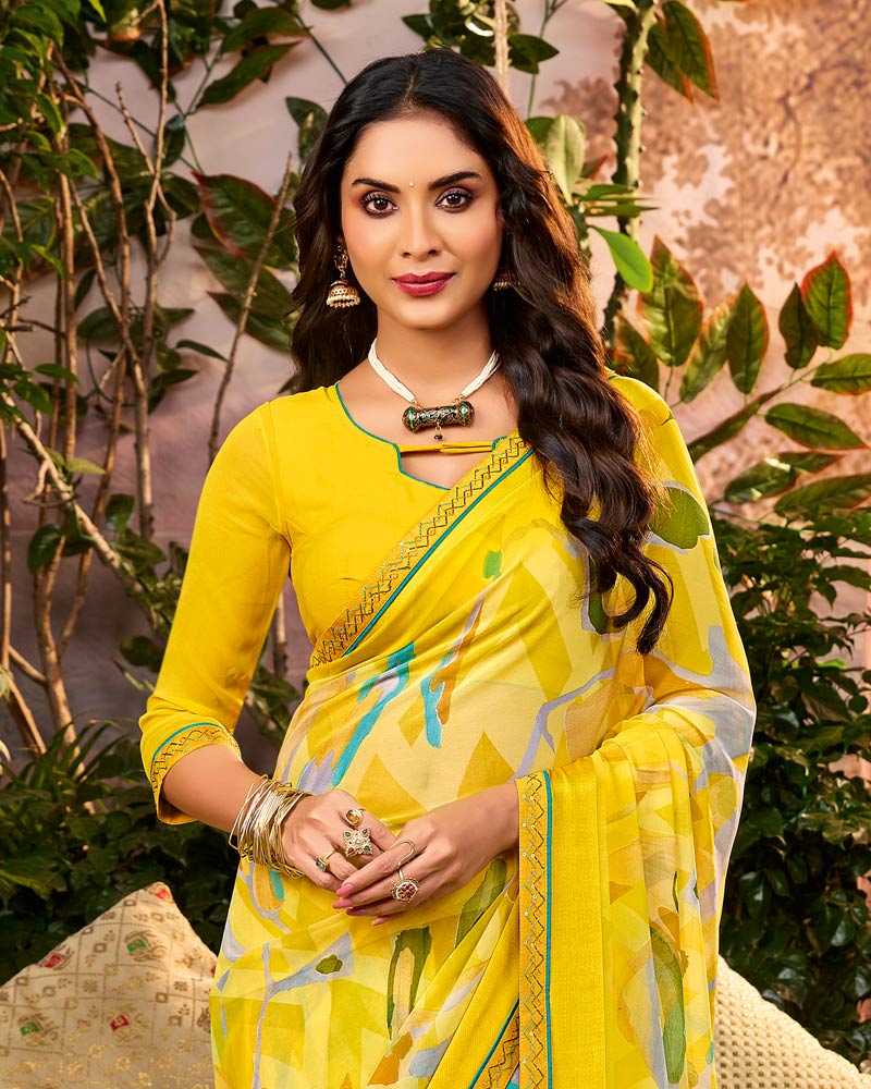 Vishal Prints Genda Phool Yellow Printed Georgette Saree With Weaved Satin Patta And Fancy Border