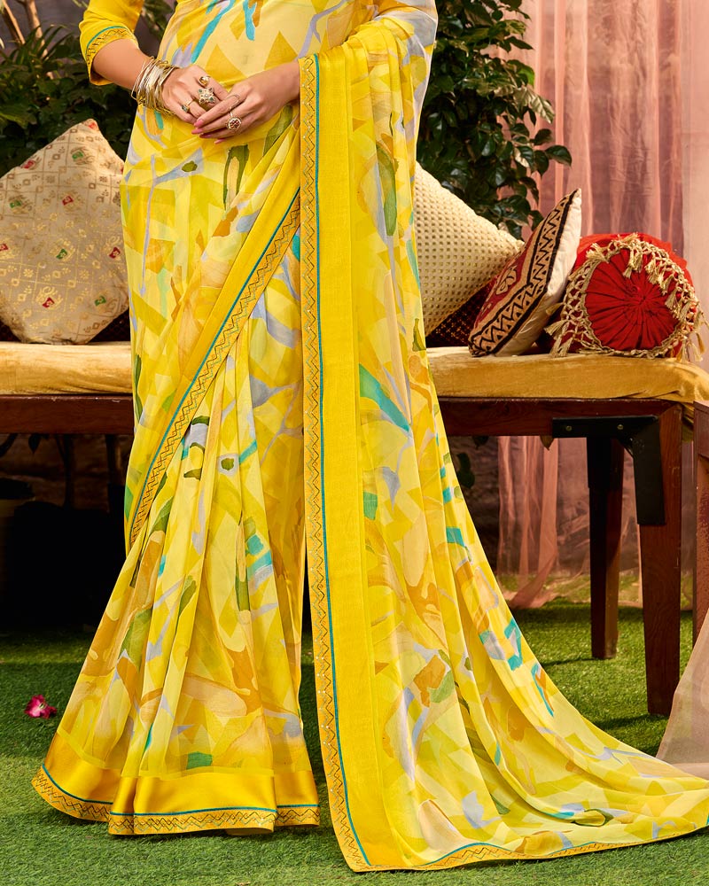 Vishal Prints Genda Phool Yellow Printed Georgette Saree With Weaved Satin Patta And Fancy Border