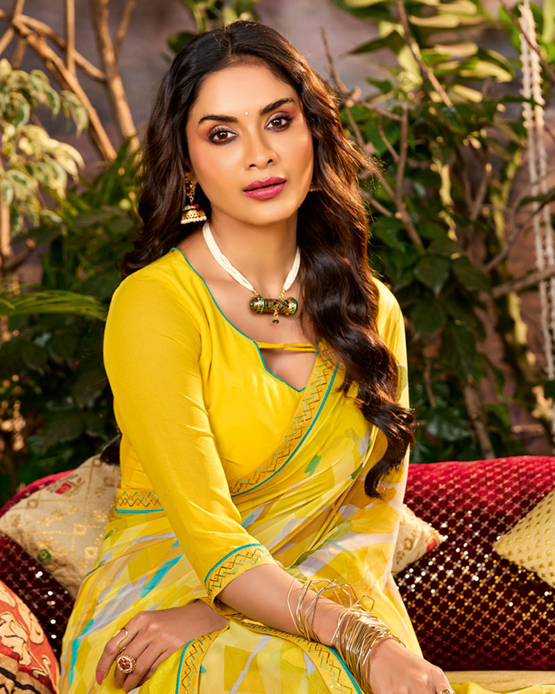 Vishal Prints Genda Phool Yellow Printed Georgette Saree With Weaved Satin Patta And Fancy Border