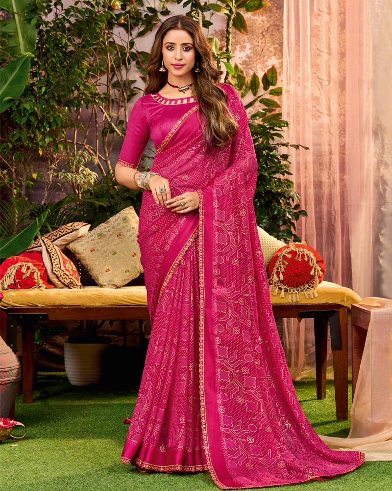 Vishal Prints Gulabi Pink Printed Georgette Saree With Weaved Satin Patta And Fancy Border