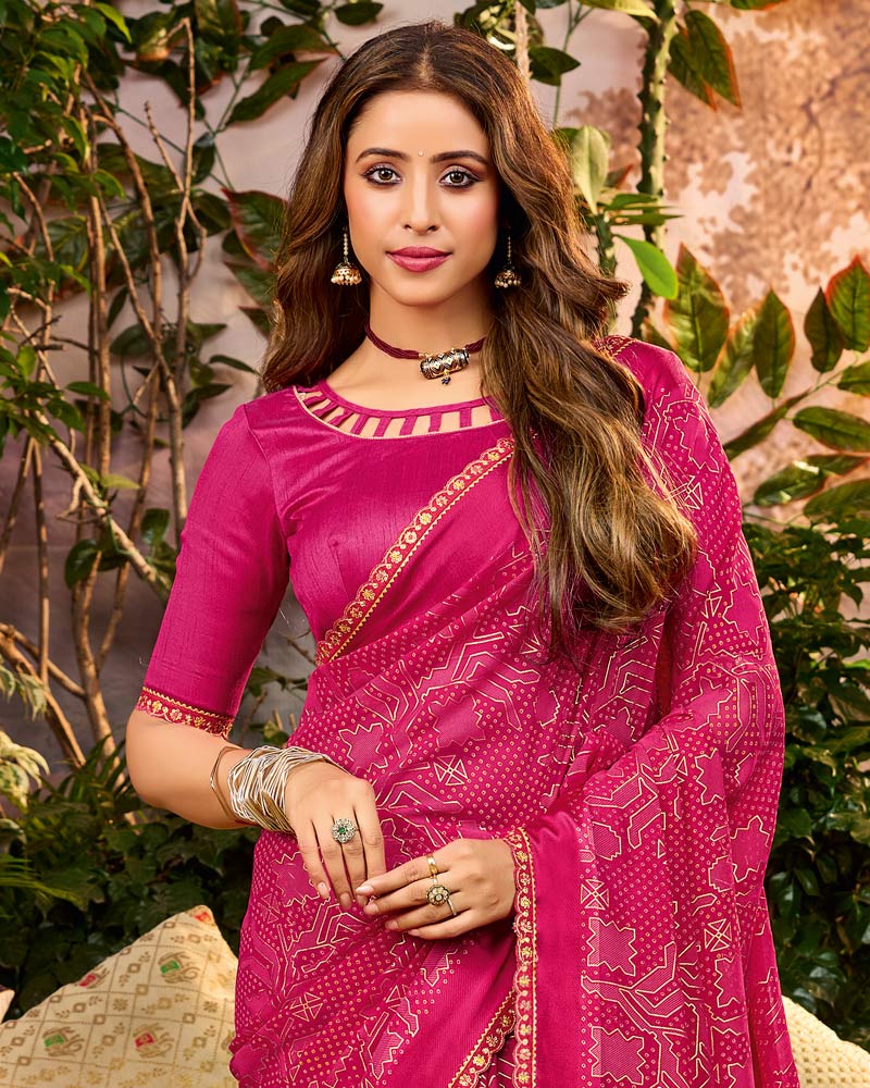 Vishal Prints Gulabi Pink Printed Georgette Saree With Weaved Satin Patta And Fancy Border