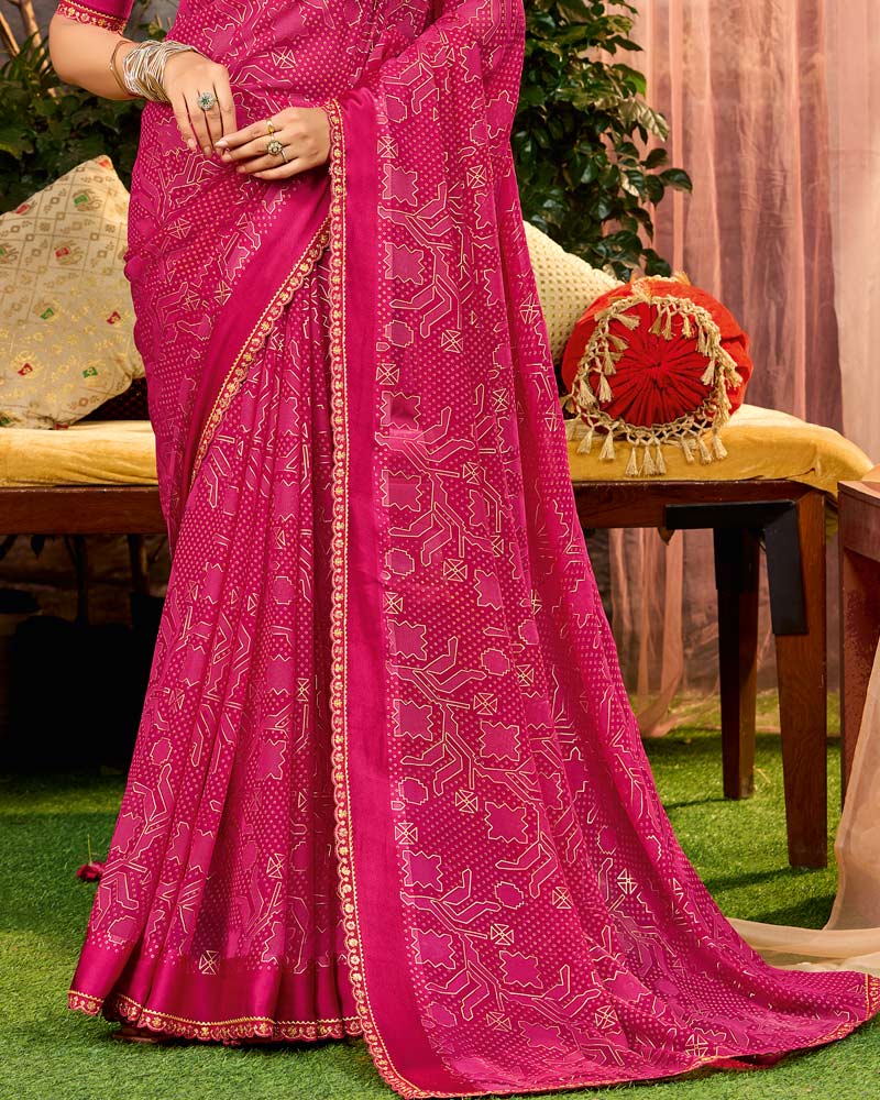 Vishal Prints Gulabi Pink Printed Georgette Saree With Weaved Satin Patta And Fancy Border