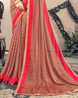 Vishal Prints Light Red And Printed Criva Crepe Saree With Fancy Border