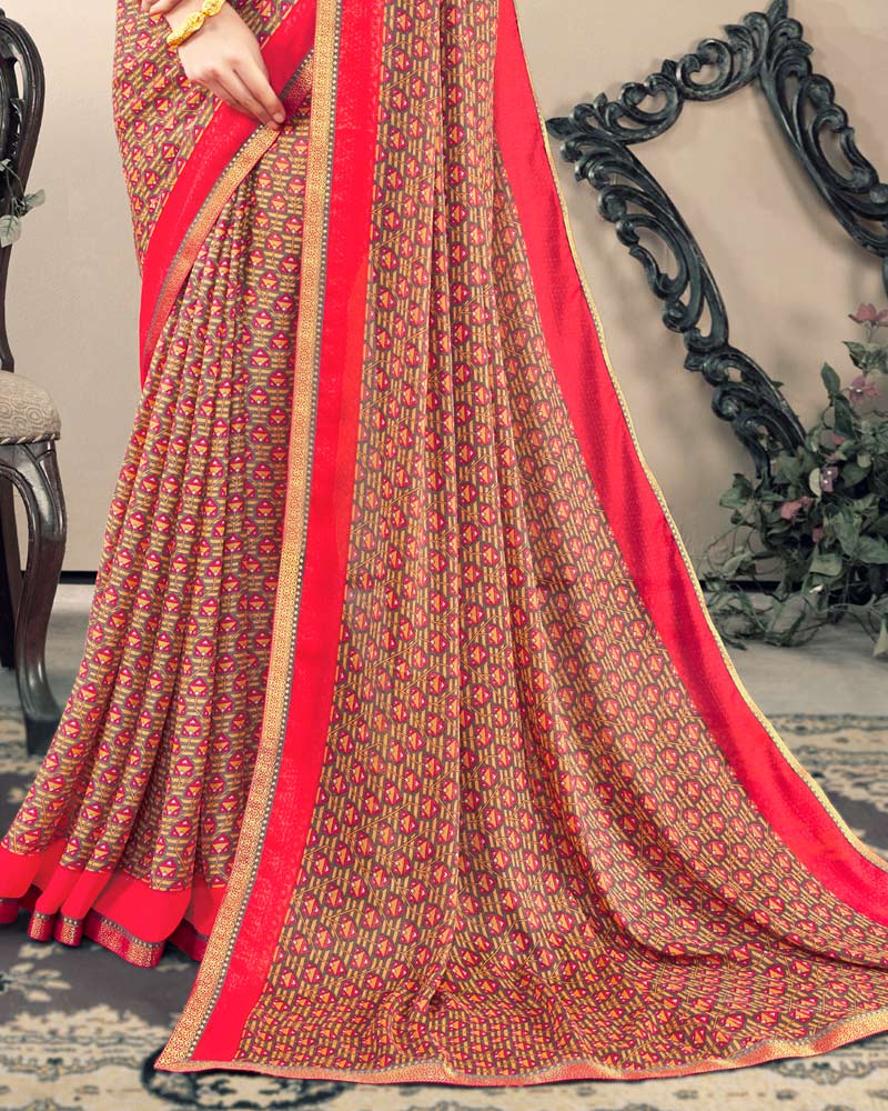 Vishal Prints Light Red And Printed Criva Crepe Saree With Fancy Border