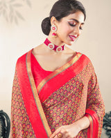 Vishal Prints Light Red And Printed Criva Crepe Saree With Fancy Border